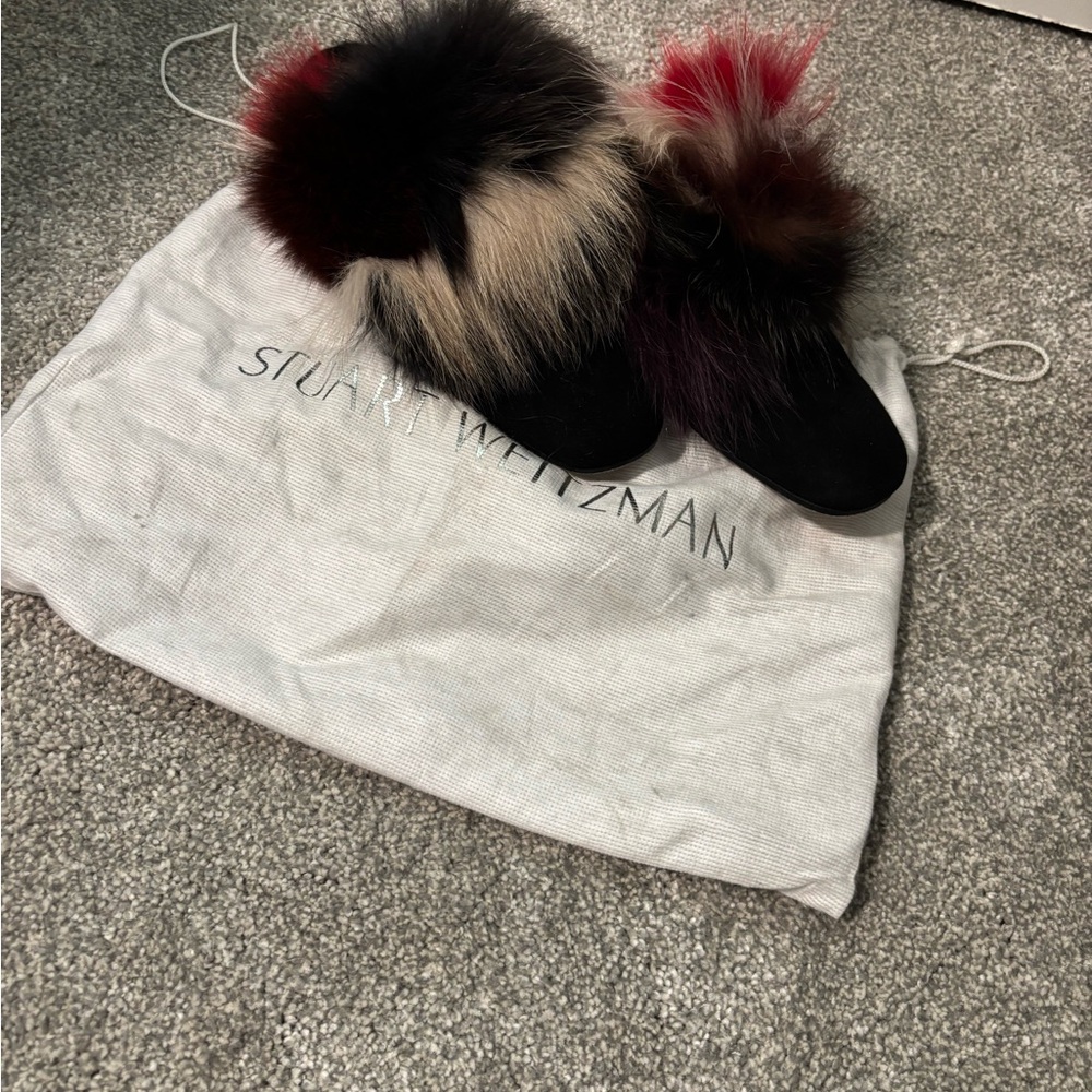 Stuart Weitzman Black Fur Pom Pom Slippers
